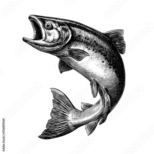 A sketch of salmon jumping is depicted in a black and white outline engraving, resembling a scratch board imitation