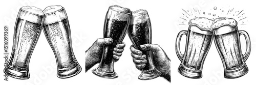 A sketch of two glasses of beer in a black and white outline cheers, created in a scratch board imitation engraving style