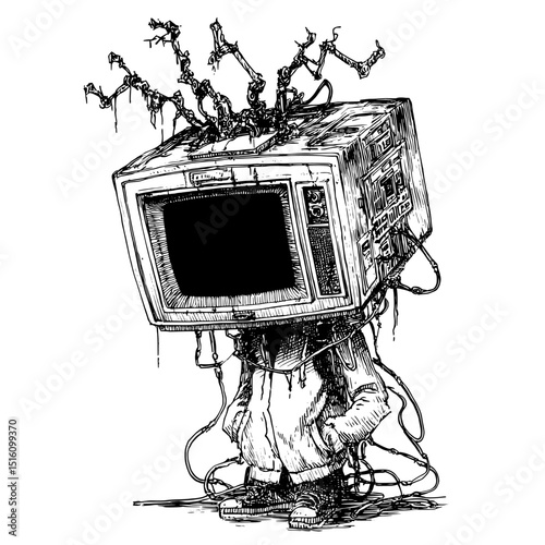 A scratch board imitation is evident in the black and white outline of the television robot sketch, which is achieved through engraving