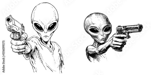An illustration of an alien holding a gun is depicted in a black and white outline sketch engraving, created in a scratch board imitation style with vintage line art on a white background