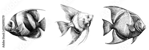 An angelfish is depicted in a black and white outline sketch engraving, created in a scratch board imitation style and illustrated in vintage line art on a white background