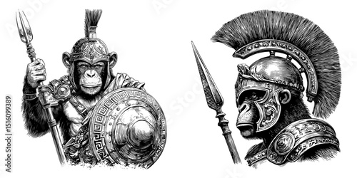Chimpanzee is depicted wearing a spartan warrior engraving in black and white outline, created as a scratch board imitation in a vintage line art style on a white background
