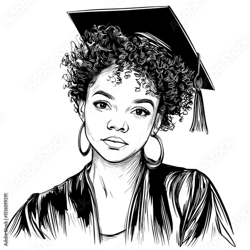 A woman wearing a graduation costume is depicted in a black and white outline sketch engraving, imitating a scratch board in a vintage line art style on a white background