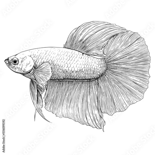 Betta fish in vintage line art style, presented as a black and white outline with scratch board imitation, set against a white background