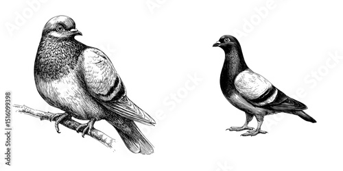Black and white outline of a pigeon in a sketch engraving style, resembling a scratch board imitation