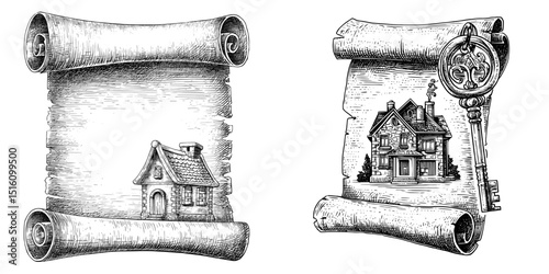 An illustration of a house icon on a scroll is featured in this vintage real estate document drawing
