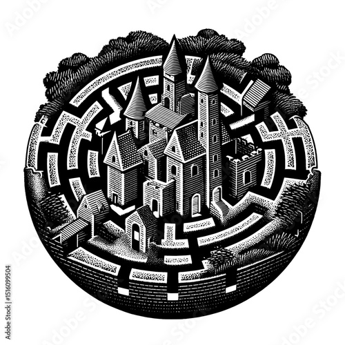 Fairytale castle surrounded by a complex maze illustrated in monochrome black and white