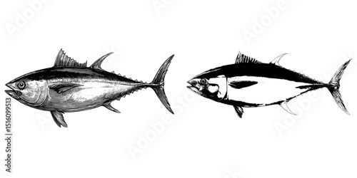 A pen-and-ink style illustration of a tuna is presented in monochrome, showcasing the fish's streamlined and muscular physique
