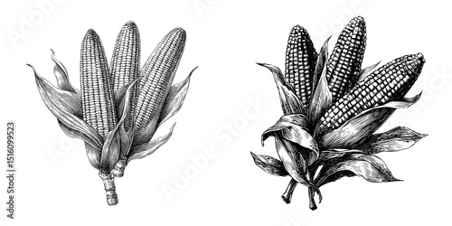 A detailed black and white drawing of three cobs of corn showcases the linear style of the corn kernels and leaves