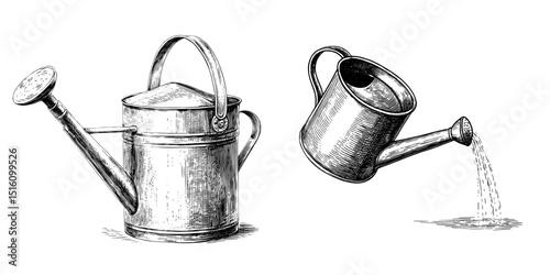 The concept of a gardening tool is illustrated in monochrome through an outline style watering can