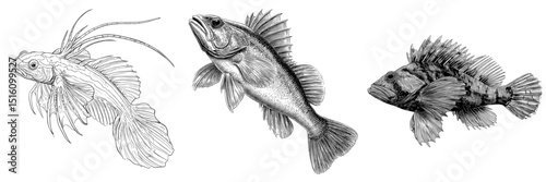 A detailed monochrome line drawing of a fish is shown on a clean white background, highlighting the fish's elongated body and its meticulously rendered fin structures