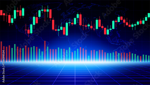 Stock market trading chart. Abstract finance blue background world map. Volatile financial market. Japanese candlesticks. Investment concept. Economy trends background for business. Vector