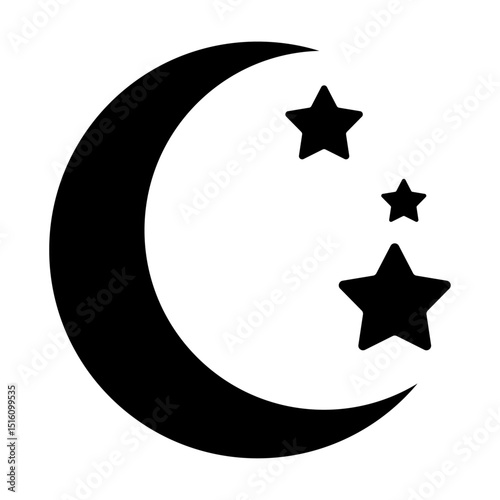 Crescent, moon, stars Islamic symbol in black color on white background flat style. Islamic flag symbol. Halfmoon with stars silhouette, Muslim religion sign. Vector illustration.