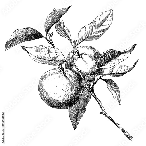 An orange with leaves and multiple textures is the subject of a detailed engraving