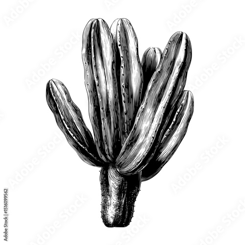 In a desert landscape illustration, a cactus is depicted through a detailed engraving technique