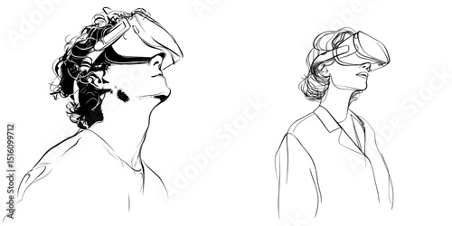 Portrait of a person in a VR headset created in minimalist black and white line art style with an outline