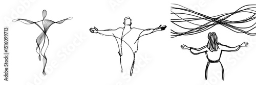 The person is depicted in a continuous line drawing style with outstretched arms and flowing minimalist lines