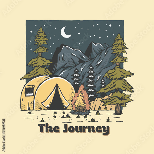 A serene illustration of a campsite at night, nestled beneath a cliff and surrounded by trees, perfect for outdoor, camping,nature themed design,tshirt,stickers design,