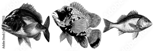A modern illustration of a blue fish is depicted in dark blue and white monochrome tones against a clean white background with great detail