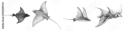 A precise line drawing of a stingray viewed from the side, showcasing its body, fins, and tail in monochrome