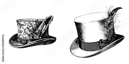 The design is a classic woodcut style representation of an elegant top hat with feathers