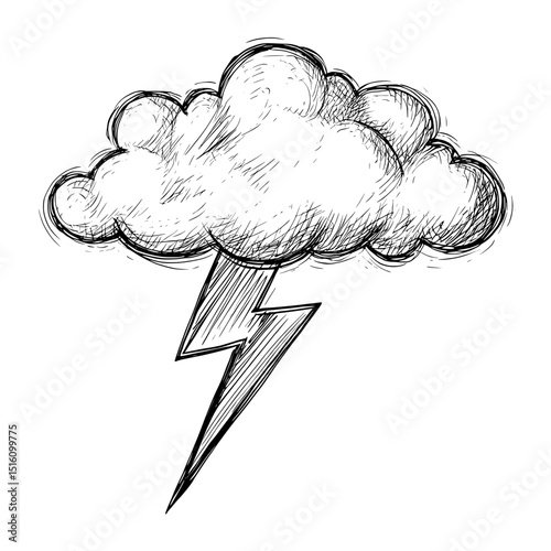 A cloud depicted in a hand-drawn sketch style is being struck by a lightning bolt, showcased in a monochromatic color scheme with organic shapes