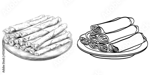 Modern outline of traditional lumpia spring rolls stacked neatly on a serving plate illustration