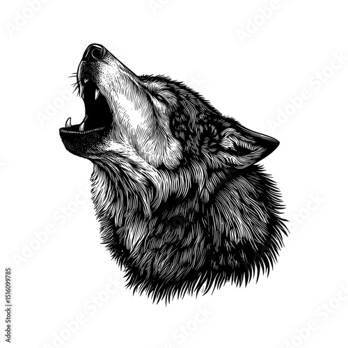 A detailed and elaborate wolf illustration in black and white, produced using woodcut