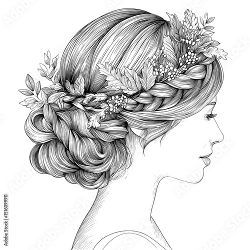A hand-drawn engraving depicts a woman with an elegant hairstyle in an updo