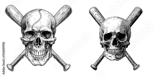 A baseball bat is prominently displayed next to a skull in this intricate hand drawn engraving