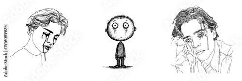 Illustration of a Boy Crying with Tears Flowing Down His Face, Created by Hand