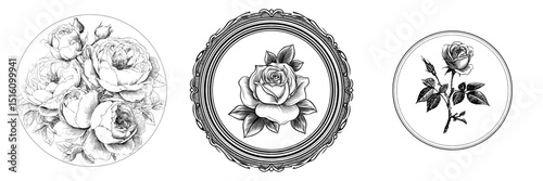 Engraving of a classic rose within a circular border, drawn by hand