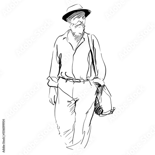 Hand-engraved picture of a walking man with a messenger bag