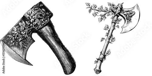 The image depicts a hand-drawn axe adorned with intricate, decorative foliage from a bygone era