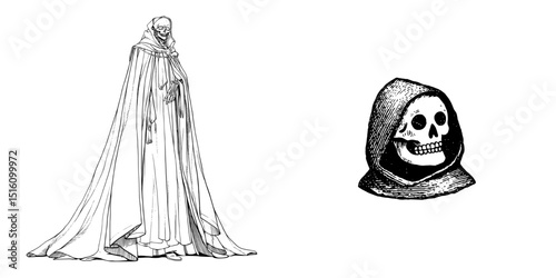 The image of a mysterious figure clad in a cloak and paired with a skull has been rendered through hand-drawn engraving techniques