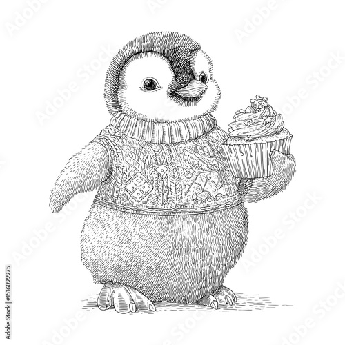 A penguin is depicted in a hand-engraved drawing wearing a sweater and clutching a cupcake