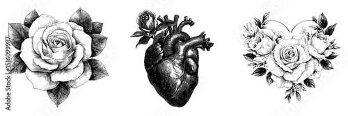 A heart shape design that incorporates a detailed, hand-drawn rose engraving
