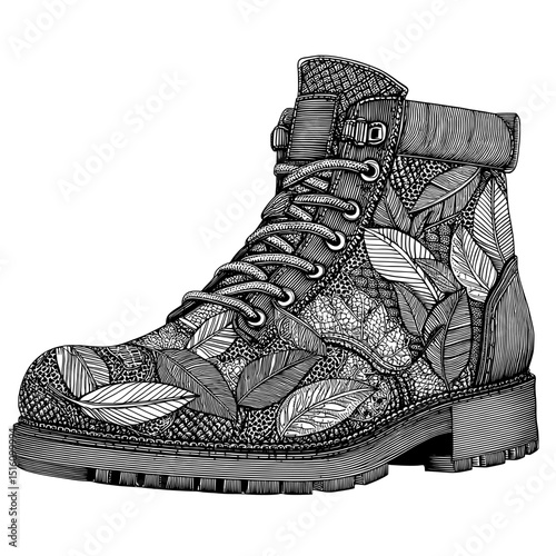 The illustration depicts a detailed hand-drawn engraving of boots accompanied by leaves