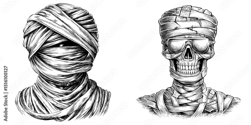 The mummy is depicted in a black and white sketch with an engraved outline, resembling a scratch board