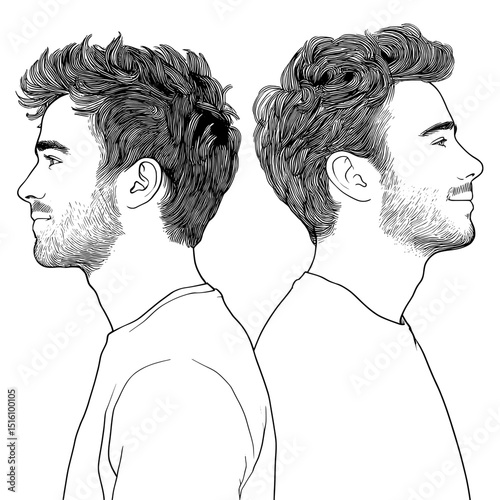 The portrait of a male is presented in two halves through a detailed hand-engraved illustration