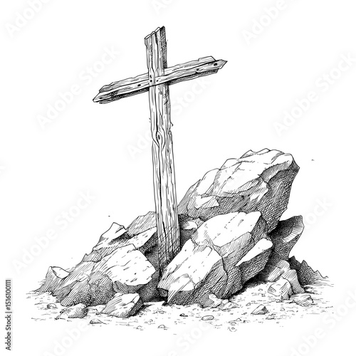 The phrase ‘Hand-Drawn Engraving of Wooden Cross and Stone with Landscape’ can also be expressed as ‘Landscape with Wooden Cross and Stone Created Through Hand-Drawn Engraving Techniques