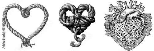 An intricate hand-drawn engraving features a knotted heart adorned with rope details