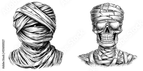 The mummy is depicted in a black and white sketch with an engraved outline, resembling a scratch board