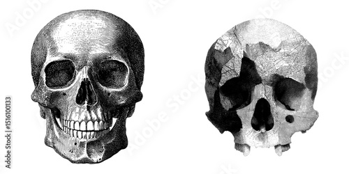 The image depicts a skull, drawn by hand with careful attention to shading and texture