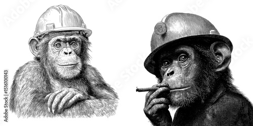 A sketch of a chimpanzee wearing a safety helmet is presented in a black and white outline, engraved style, achieved through scratch board imitation