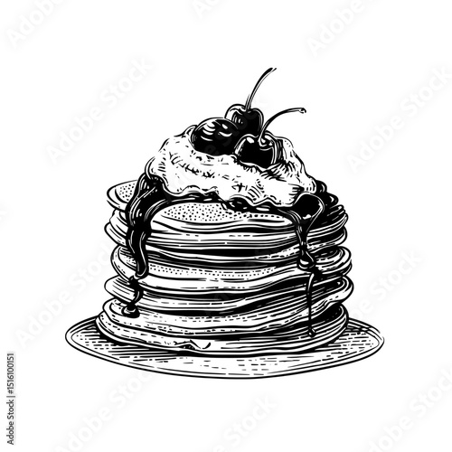 The illustration of a pancake sketch is presented in a vintage line art style, with a black and white outline engraving and scratch board imitation, on a white background