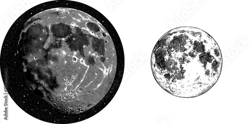 Black and white outline of a moon sketch created as an engraving, with a scratch board imitation effect