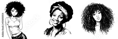 An Afro woman is depicted in a black and white sketch engraving with an imitation scratch board effect