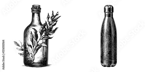 Black and white outline of a water bottle created through sketch engraving, resembling a scratch board