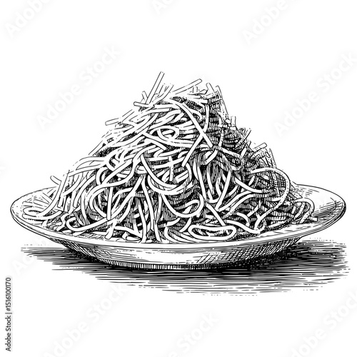The image features a plate of spaghetti rendered as a black and white outline engraving, with a scratch board effect, in vintage line art style, set against a white background